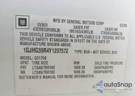 2000 GMC Savana Standard from USA, damaged, VIN 1GJHG39R4Y1207572